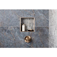 Thumbnail image of Detail view of shower walls and recessed shelf with porcelain marble patterned large format wall tile in blue/grey and neutral tans.  Glass mosaic used to accent niche and accent wall.